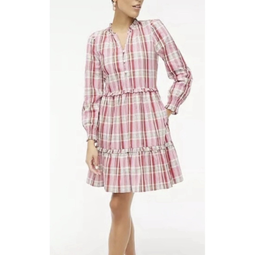 J. Crew Plaid Mini Dress Ruffle Trim sz 0 Sweet Briar Marine Salt Pink Cottage